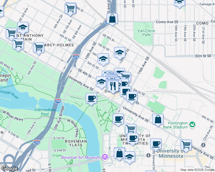map of restaurants, bars, coffee shops, grocery stores, and more near SE 4th St & 13th Ave SE in Minneapolis