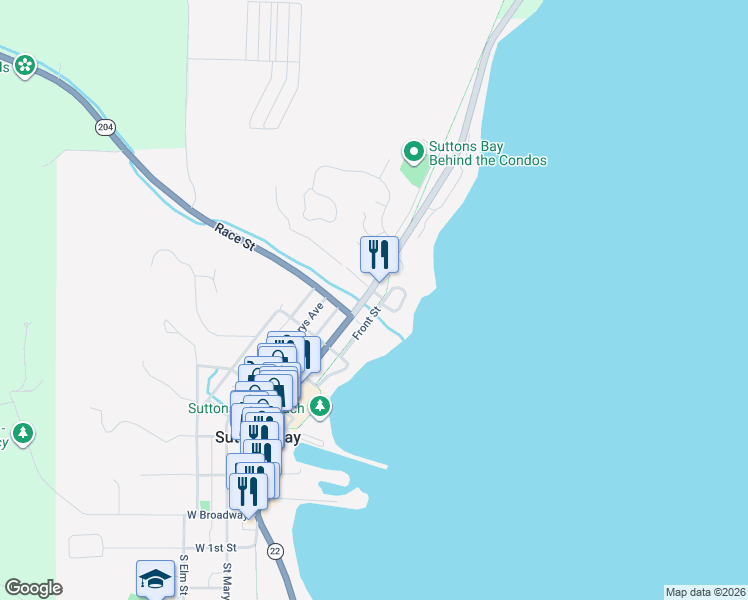 map of restaurants, bars, coffee shops, grocery stores, and more near Dockside Circle in Suttons Bay