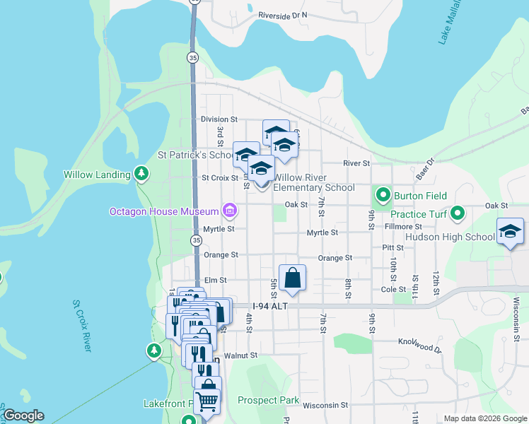 map of restaurants, bars, coffee shops, grocery stores, and more near 1008 5th Street in Hudson