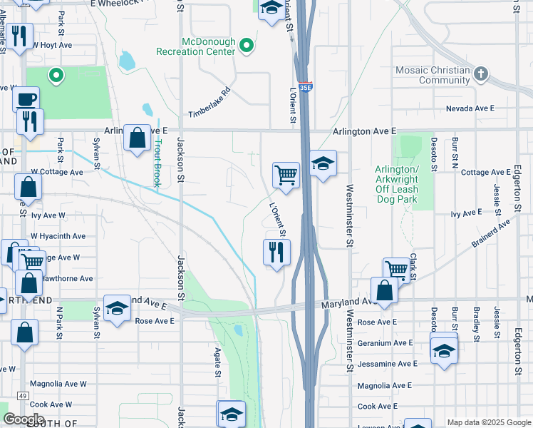 map of restaurants, bars, coffee shops, grocery stores, and more near 1301 L'Orient Street in Saint Paul
