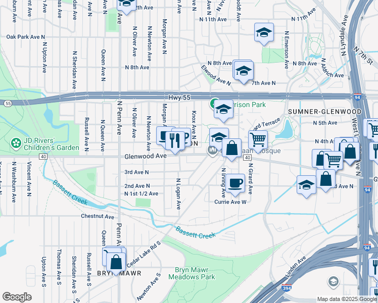 map of restaurants, bars, coffee shops, grocery stores, and more near 1708 Glenwood Avenue in Minneapolis
