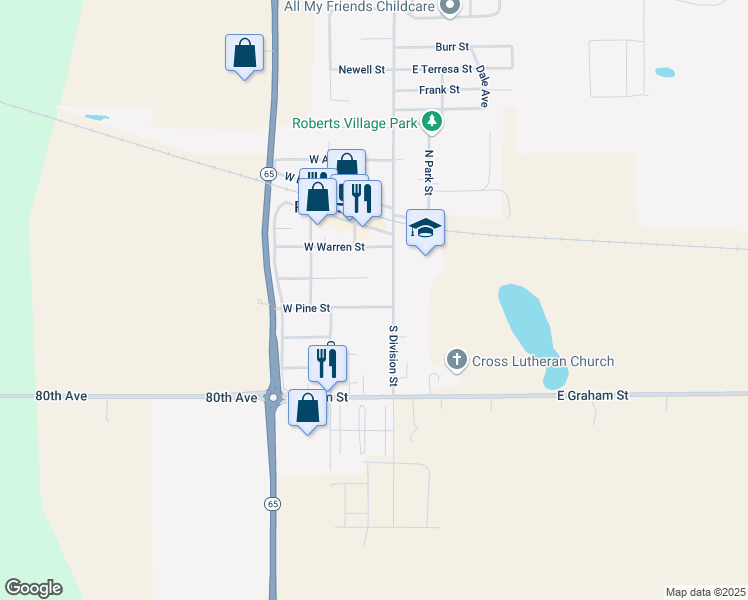 map of restaurants, bars, coffee shops, grocery stores, and more near 202 West Pine Street in Roberts