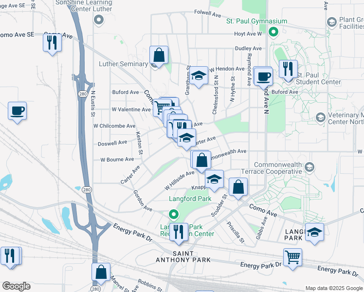 map of restaurants, bars, coffee shops, grocery stores, and more near 2237 Commonwealth Avenue in Saint Paul