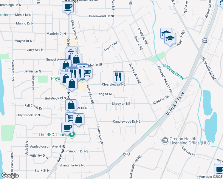 map of restaurants, bars, coffee shops, grocery stores, and more near 1150 Ring Street Northeast in Keizer