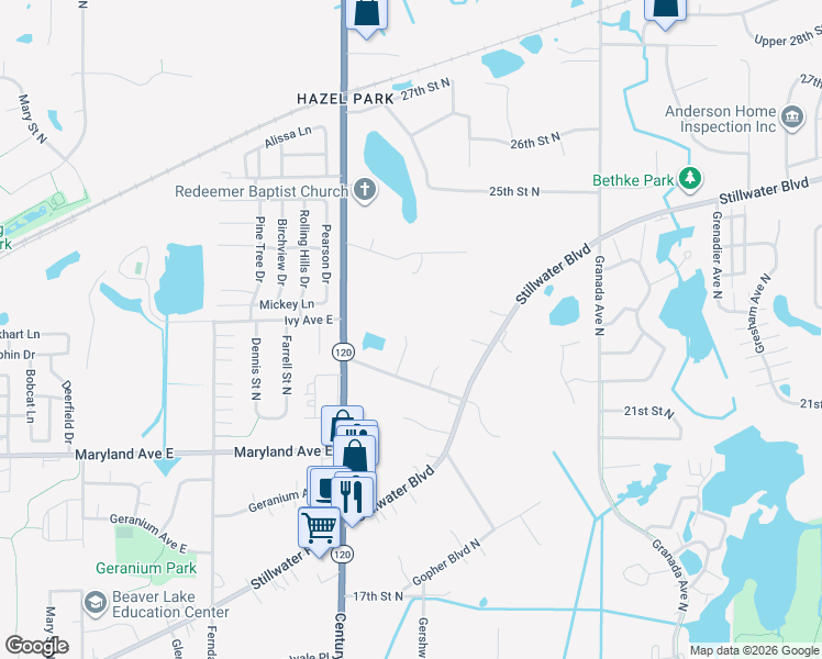 map of restaurants, bars, coffee shops, grocery stores, and more near 2181 Gentry Avenue North in Oakdale