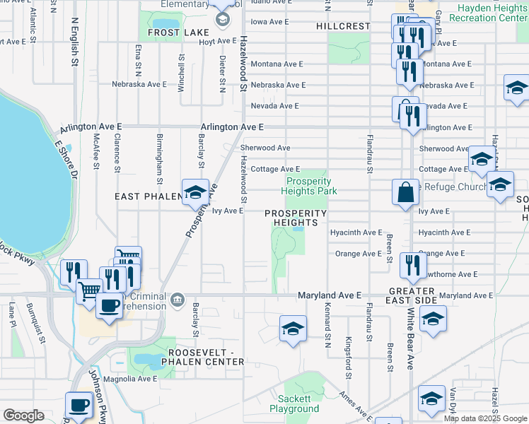 map of restaurants, bars, coffee shops, grocery stores, and more near 1566 Ivy Avenue East in Saint Paul