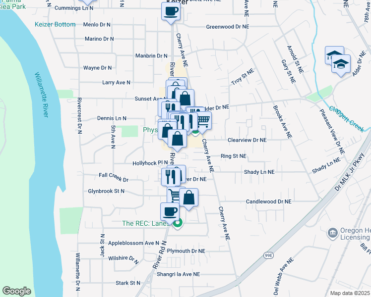 map of restaurants, bars, coffee shops, grocery stores, and more near 3812 River Road North in Keizer