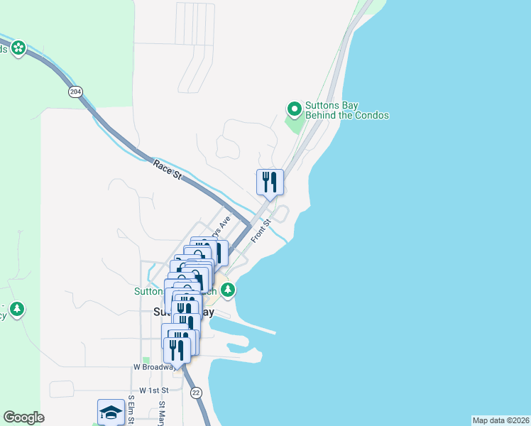 map of restaurants, bars, coffee shops, grocery stores, and more near Dockside Circle in Suttons Bay