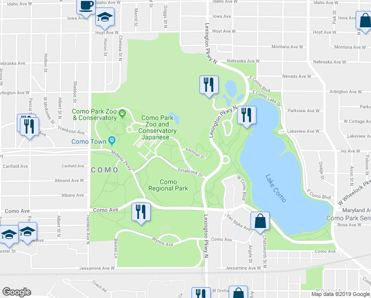 map of restaurants, bars, coffee shops, grocery stores, and more near 1250 Kaufman Dr in St Paul