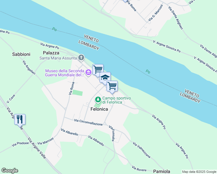 map of restaurants, bars, coffee shops, grocery stores, and more near 78 Via Giuseppe Garibaldi in Felonica