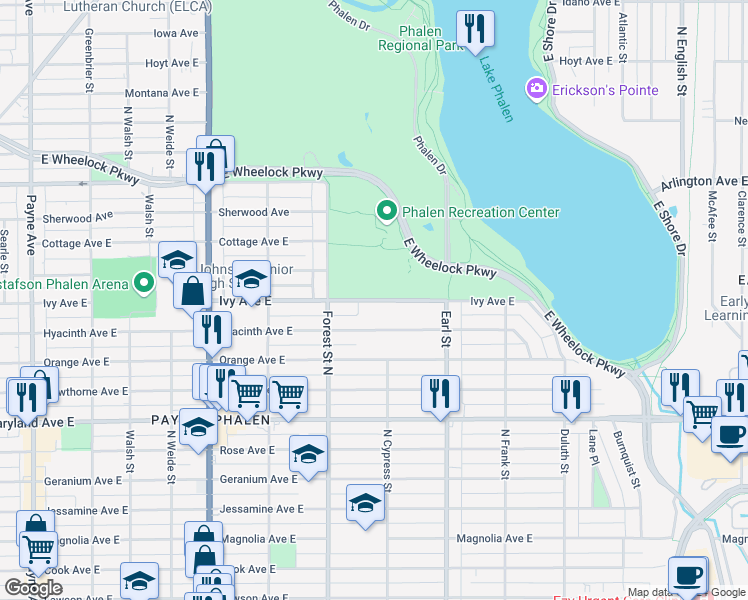 map of restaurants, bars, coffee shops, grocery stores, and more near 985 East Ivy Avenue in Saint Paul