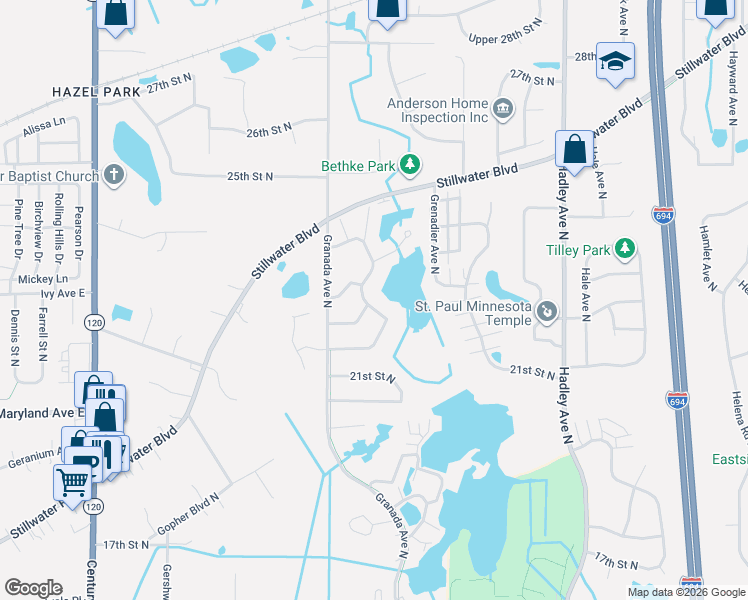 map of restaurants, bars, coffee shops, grocery stores, and more near 6567 Upper 22nd Street North in Saint Paul