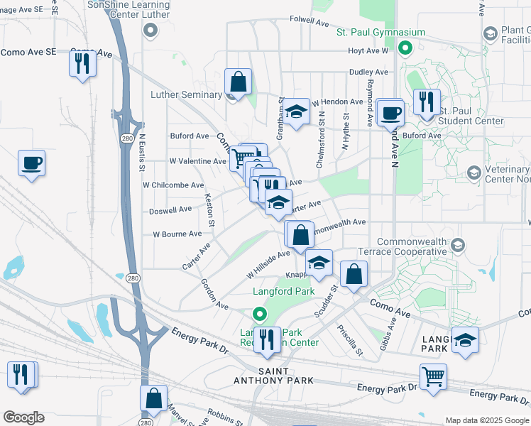 map of restaurants, bars, coffee shops, grocery stores, and more near 2237 Commonwealth Avenue in Saint Paul