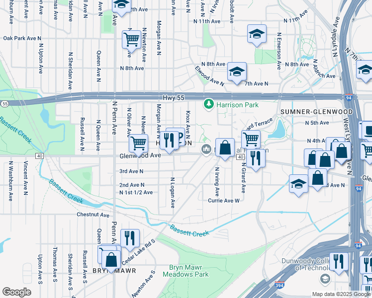 map of restaurants, bars, coffee shops, grocery stores, and more near 307 Knox Avenue North in Minneapolis