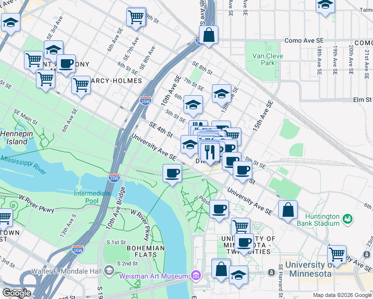 map of restaurants, bars, coffee shops, grocery stores, and more near 1206 4th Street Southeast in Minneapolis