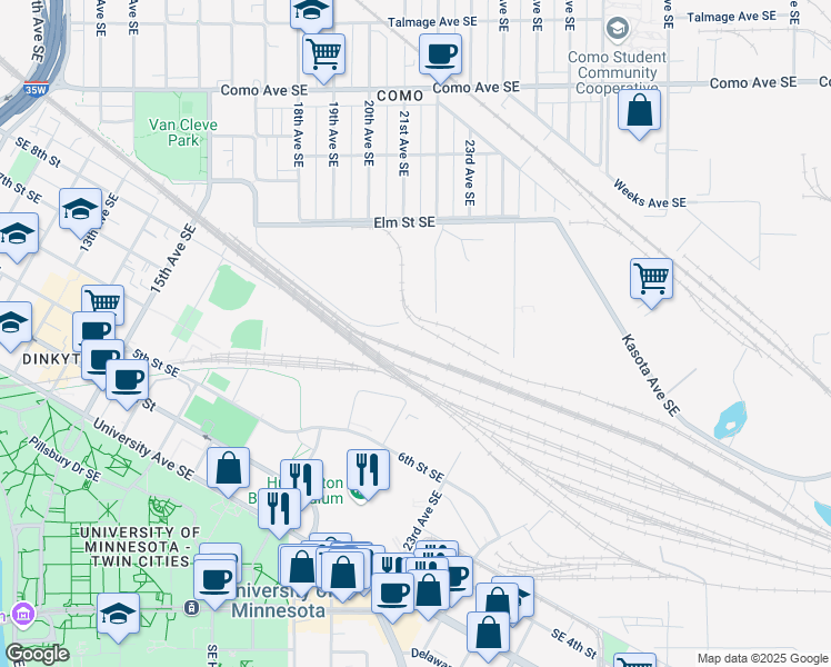 map of restaurants, bars, coffee shops, grocery stores, and more near 2101 17th Avenue Southeast in Minneapolis