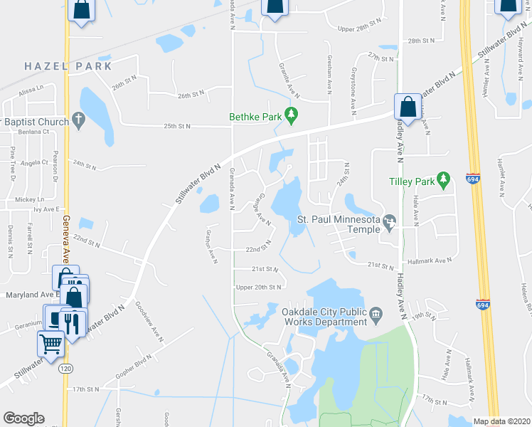 map of restaurants, bars, coffee shops, grocery stores, and more near 6567 Upper 22nd Street North in Saint Paul