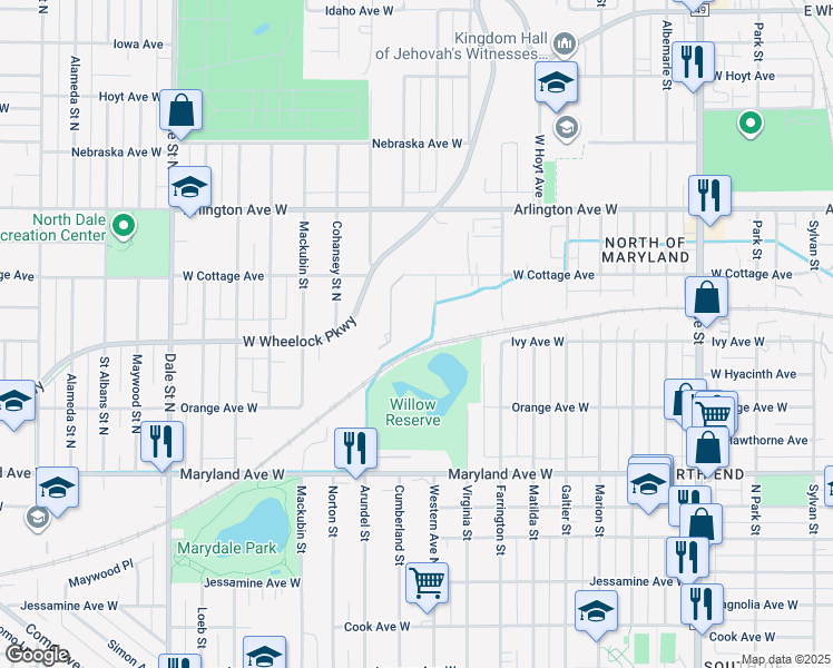 map of restaurants, bars, coffee shops, grocery stores, and more near 1320 Conservatory Court in Saint Paul