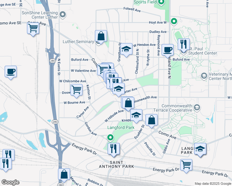 map of restaurants, bars, coffee shops, grocery stores, and more near 2237 Commonwealth Avenue in Saint Paul