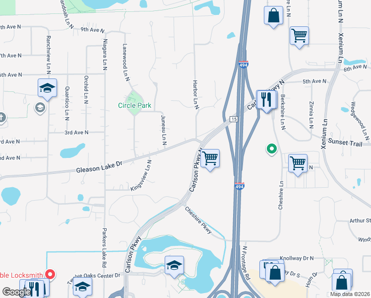 map of restaurants, bars, coffee shops, grocery stores, and more near 1 Carlson Parkway North in Plymouth