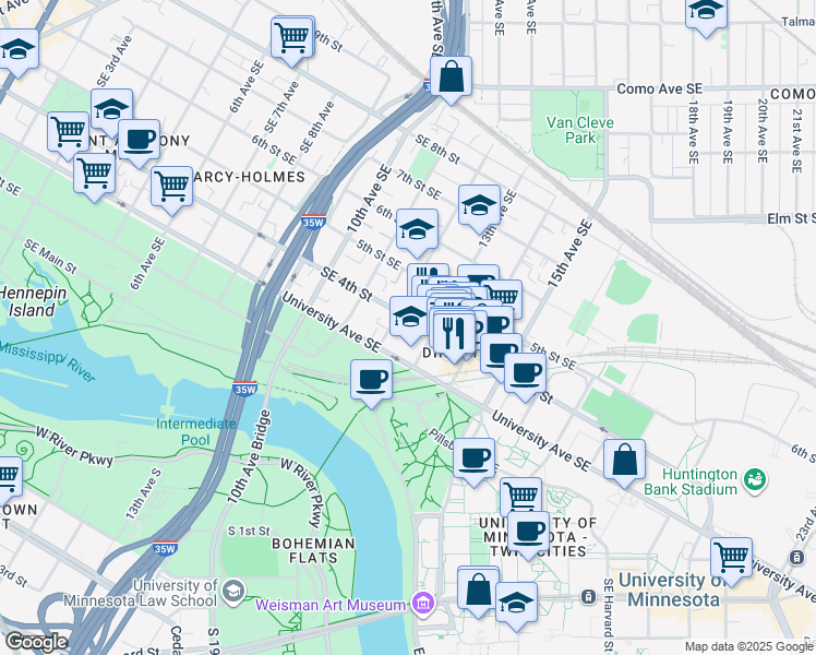 map of restaurants, bars, coffee shops, grocery stores, and more near 1212 4th Street Southeast in Minneapolis