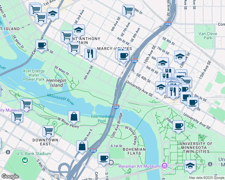 map of restaurants, bars, coffee shops, grocery stores, and more near 830 2nd Street Southeast in Minneapolis