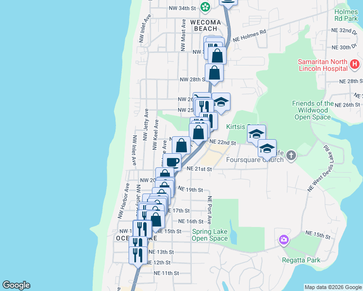 map of restaurants, bars, coffee shops, grocery stores, and more near 2137 Oregon Coast Highway in Lincoln City