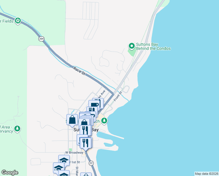 map of restaurants, bars, coffee shops, grocery stores, and more near 112 Race Street in Suttons Bay