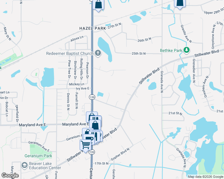 map of restaurants, bars, coffee shops, grocery stores, and more near 2181 Gentry Avenue North in Oakdale