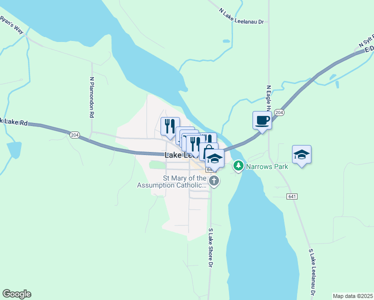 map of restaurants, bars, coffee shops, grocery stores, and more near 100 South Street Joseph Street in Lake Leelanau