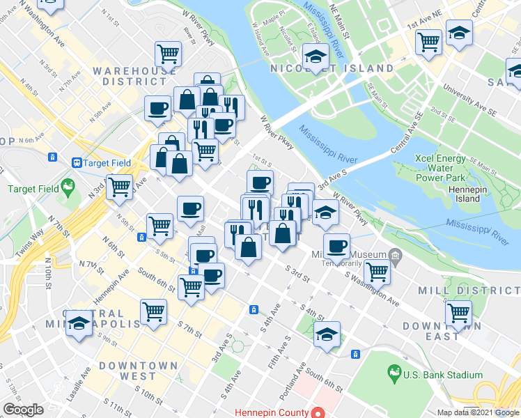 map of restaurants, bars, coffee shops, grocery stores, and more near 620 South 2nd Street in Minneapolis