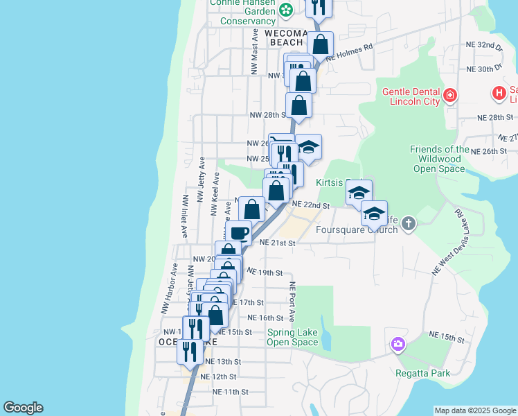 map of restaurants, bars, coffee shops, grocery stores, and more near 1731 Northwest 22nd Street in Lincoln City