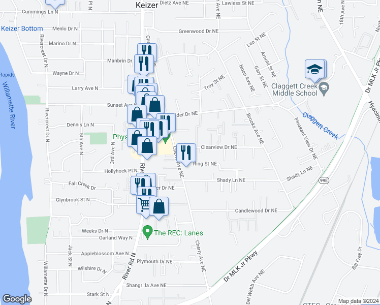 map of restaurants, bars, coffee shops, grocery stores, and more near 1085 Clearview Avenue Northeast in Keizer