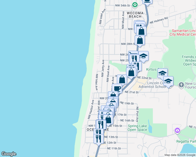 map of restaurants, bars, coffee shops, grocery stores, and more near 2216 Northwest Inlet Avenue in Lincoln City
