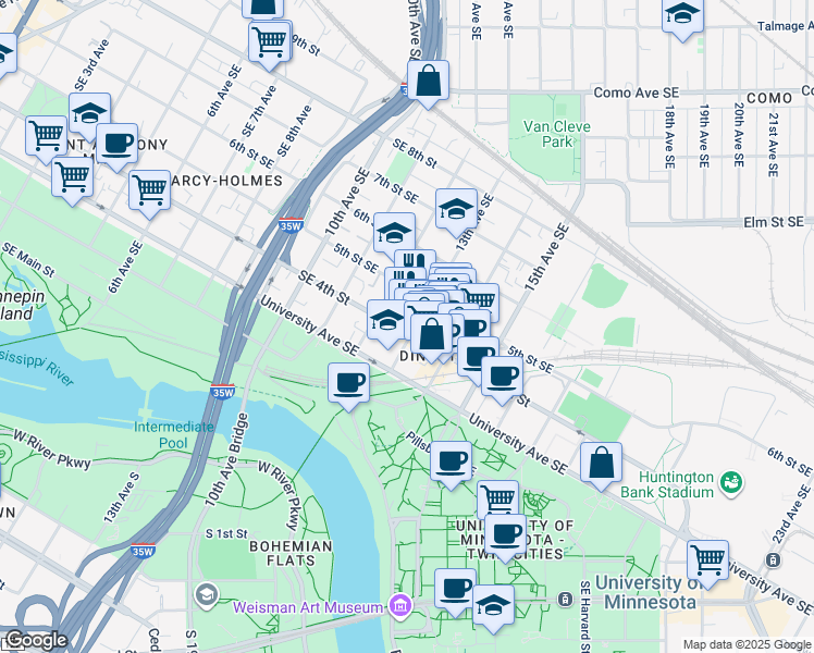 map of restaurants, bars, coffee shops, grocery stores, and more near 425 13th Avenue Southeast in Minneapolis