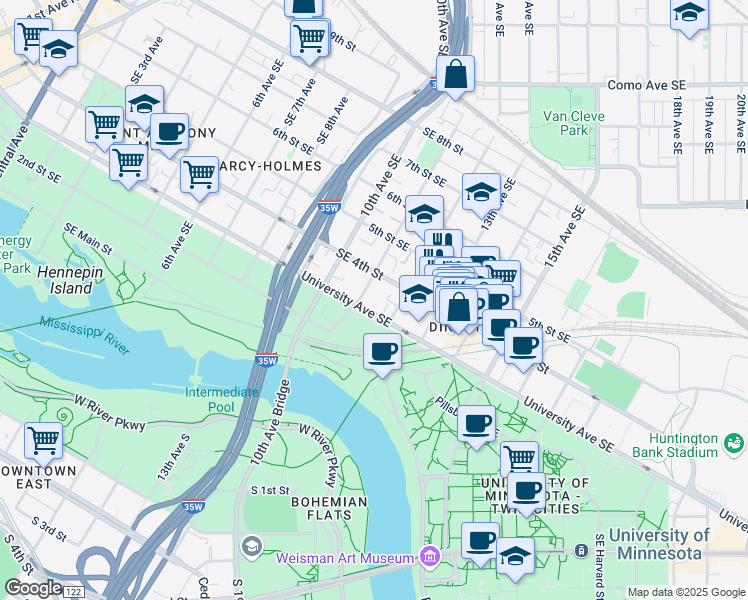 map of restaurants, bars, coffee shops, grocery stores, and more near 400 11th Avenue Southeast in Minneapolis