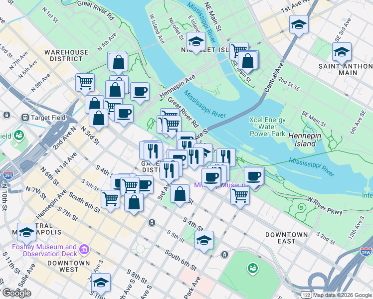 map of restaurants, bars, coffee shops, grocery stores, and more near 150 South 3rd Street in Minneapolis