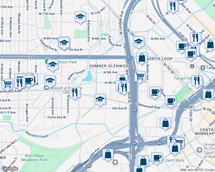 map of restaurants, bars, coffee shops, grocery stores, and more near 320 North Bryant Avenue in Minneapolis