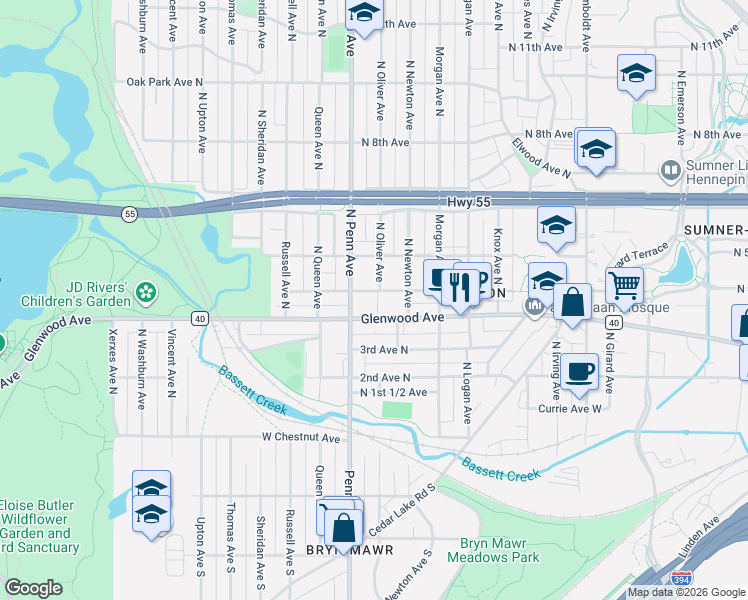 map of restaurants, bars, coffee shops, grocery stores, and more near 411 North Oliver Avenue in Minneapolis