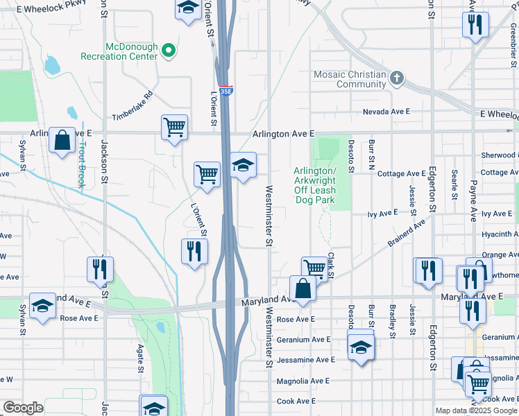 map of restaurants, bars, coffee shops, grocery stores, and more near 1325 Westminster Street in Saint Paul