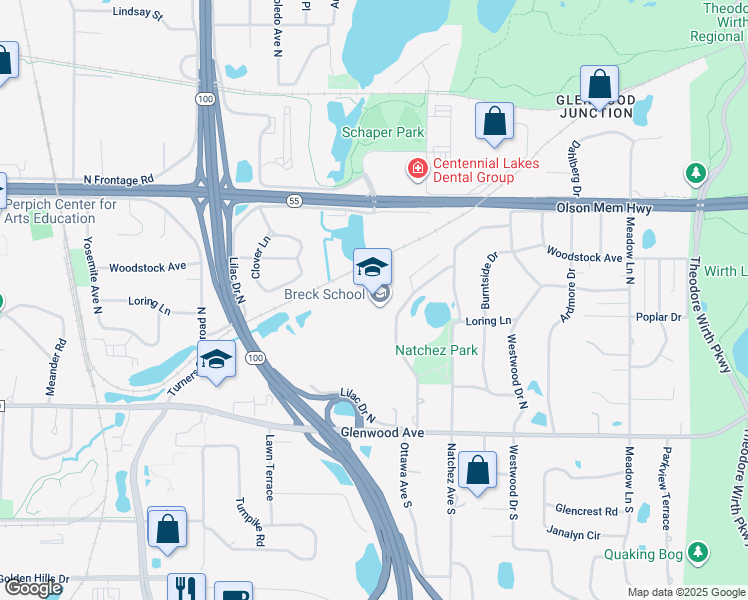 map of restaurants, bars, coffee shops, grocery stores, and more near 123 Ottawa Avenue North in Golden Valley