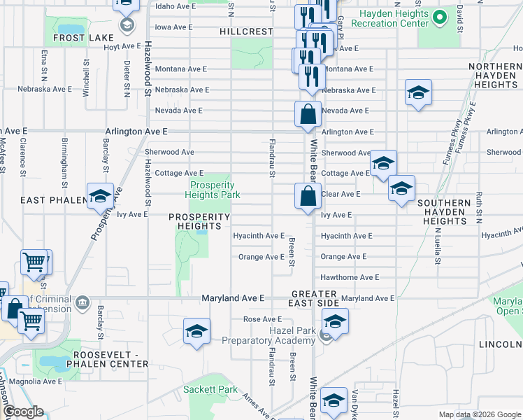 map of restaurants, bars, coffee shops, grocery stores, and more near 1706 Clear Avenue East in Saint Paul