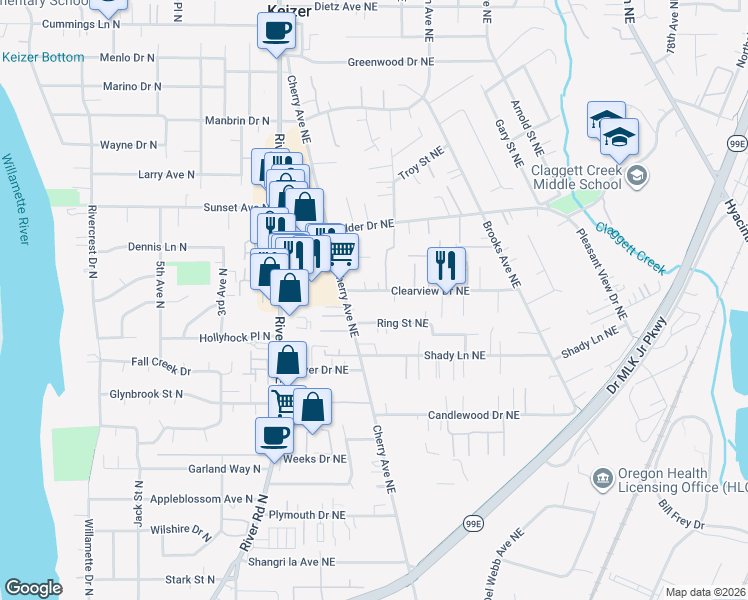 map of restaurants, bars, coffee shops, grocery stores, and more near 1085 Clearview Avenue Northeast in Keizer