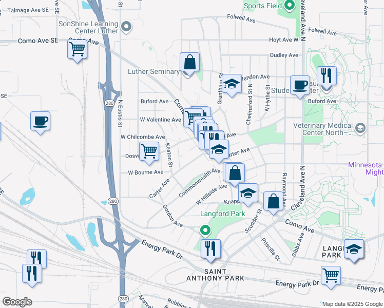 map of restaurants, bars, coffee shops, grocery stores, and more near in Saint Paul