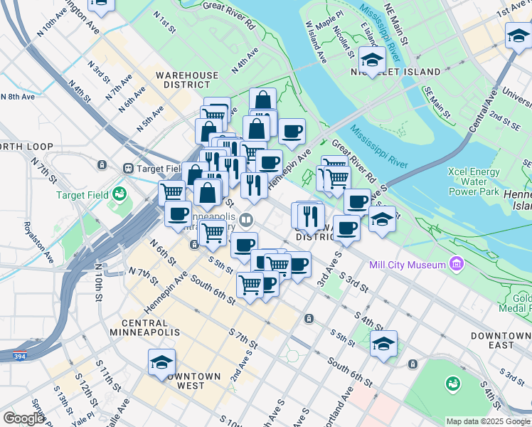 map of restaurants, bars, coffee shops, grocery stores, and more near in Minneapolis
