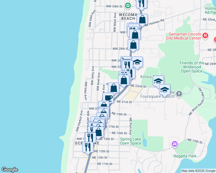 map of restaurants, bars, coffee shops, grocery stores, and more near 2226 Northwest Lee Avenue in Lincoln City