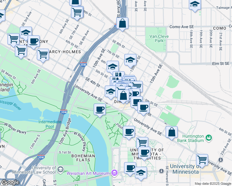 map of restaurants, bars, coffee shops, grocery stores, and more near 1227 4th Street Southeast in Minneapolis