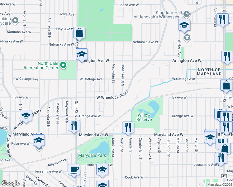 map of restaurants, bars, coffee shops, grocery stores, and more near 1355 Mackubin Street in Saint Paul