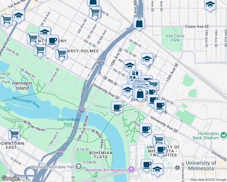 map of restaurants, bars, coffee shops, grocery stores, and more near 1101 University Avenue Southeast in Minneapolis