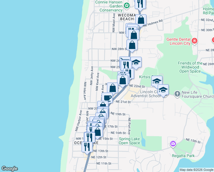 map of restaurants, bars, coffee shops, grocery stores, and more near 2226 Northwest Lee Avenue in Lincoln City